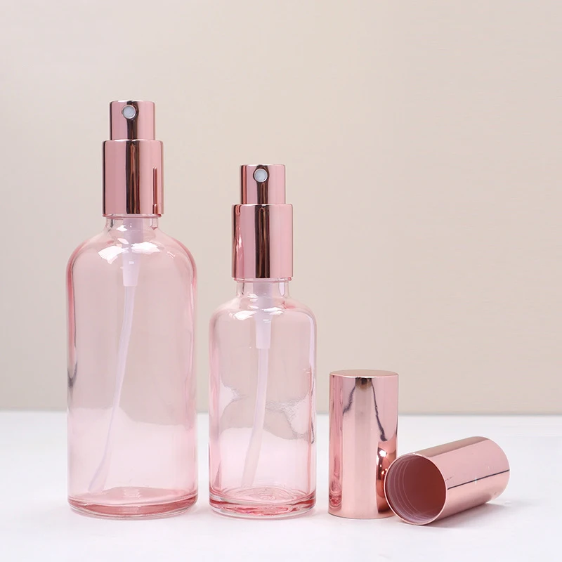 Perfume Bottles Refillable 5ml-100ml Rose Lid Pink Glass Aromatherapy Liquid for Essential Massage Oil Pipette Mist Spray Bottle