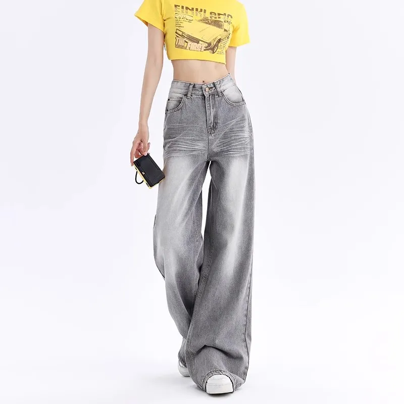 

Y2K Grey Washed Ripple Wide Leg Jeans Women American Retro Distressed White Loose Hanging Straight Leg Floor Length Pants