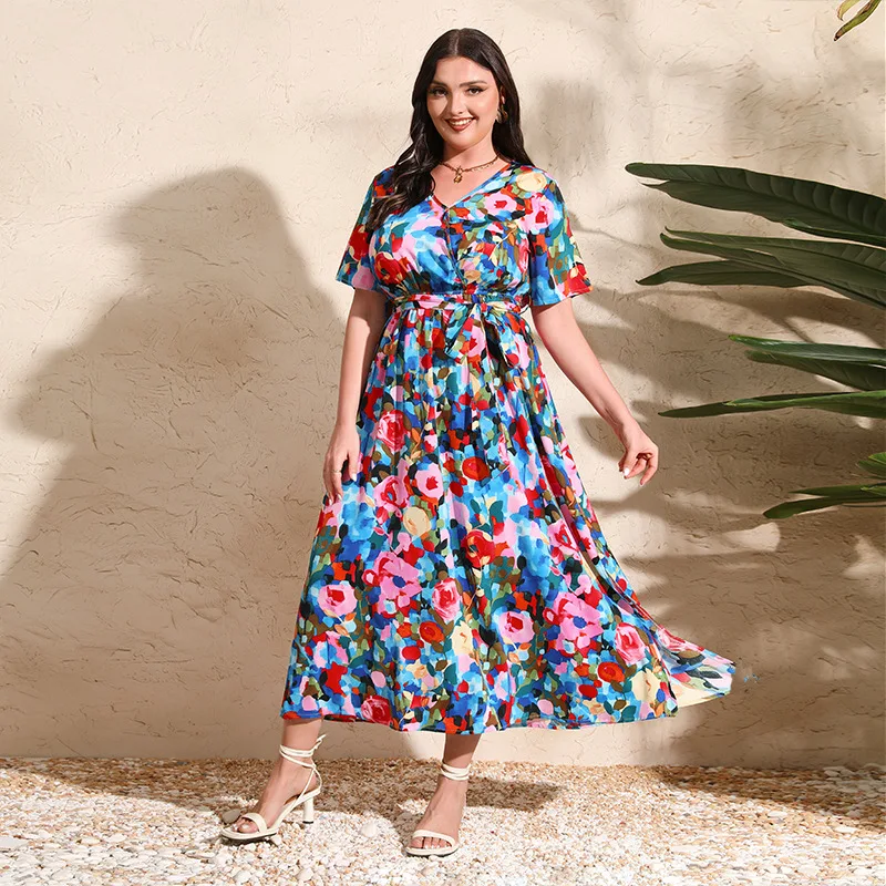 

New colorful rose holiday dress large size V-neck short-sleeved chiffon dress 200 pounds can be worn