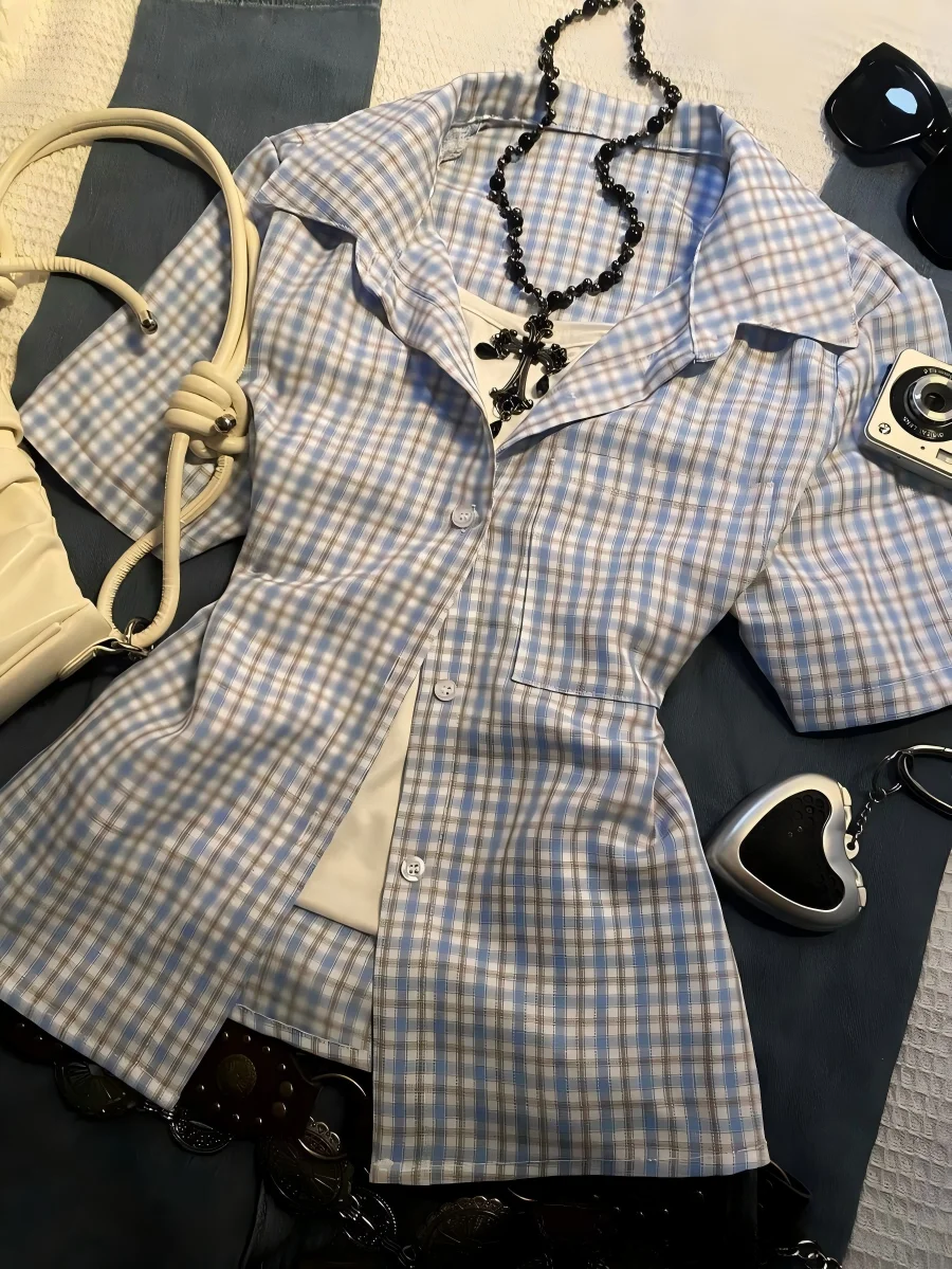 

Fresh Blue-White Plaid Short Sleeve Shirt for Women Cuban Collar Loose Casual Everyday Slimming Top