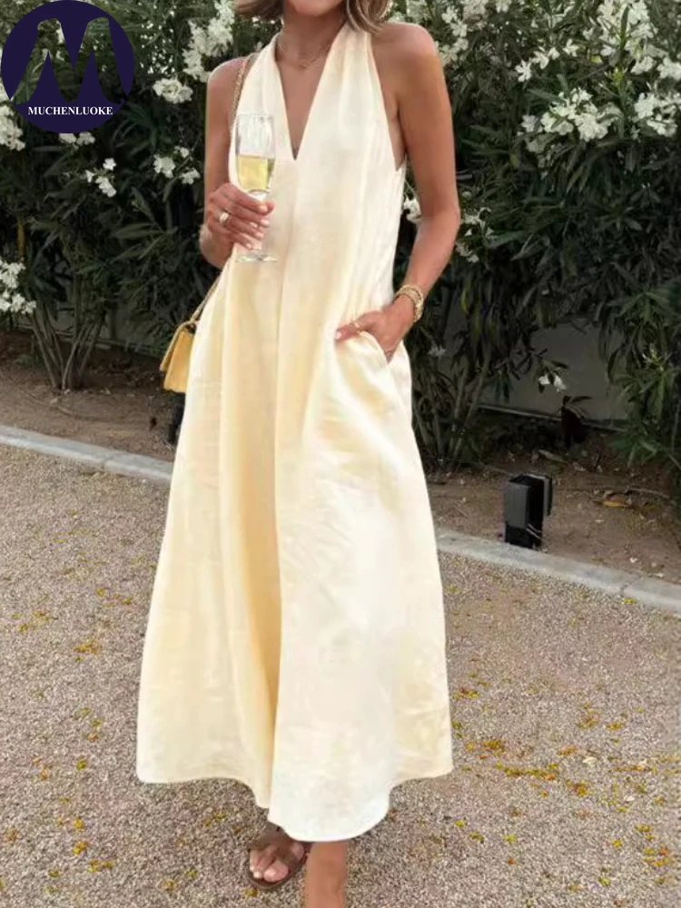 

Elegant Womens Dresses Summer New Casual V Neck Sleeveless Neckband Dress Fashionable Loose High Waist Street Style Dresses