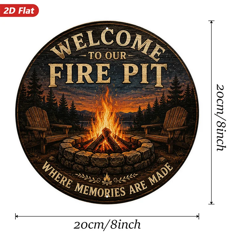 2D Flat, 1pc Rustic Campfire Retreat Round Metal Sign Wall Art, Welcome to Our Fire Pit, Stone Fire Ring, Suitable for Office Ki