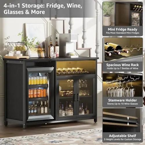 Wine Bar Cabinet with Mini Fridge Space, Black Coffee Bar Cabinet and Liquor Cabinet with Storage Rack, Sideboard - view 3