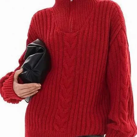 Red Sweater Women Zipper Jacquard Turtleneck Autumn Winter Pullover Knit Elastic Jumper Casual Thick Loose Warm Y2k Jumpers