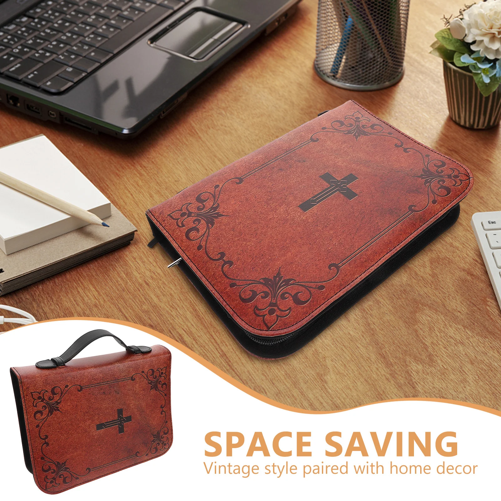 Vintage Cross Bible Case Carrying Handle Zipper Protective Book Cover Sleeve for Bible Study Church Accessories