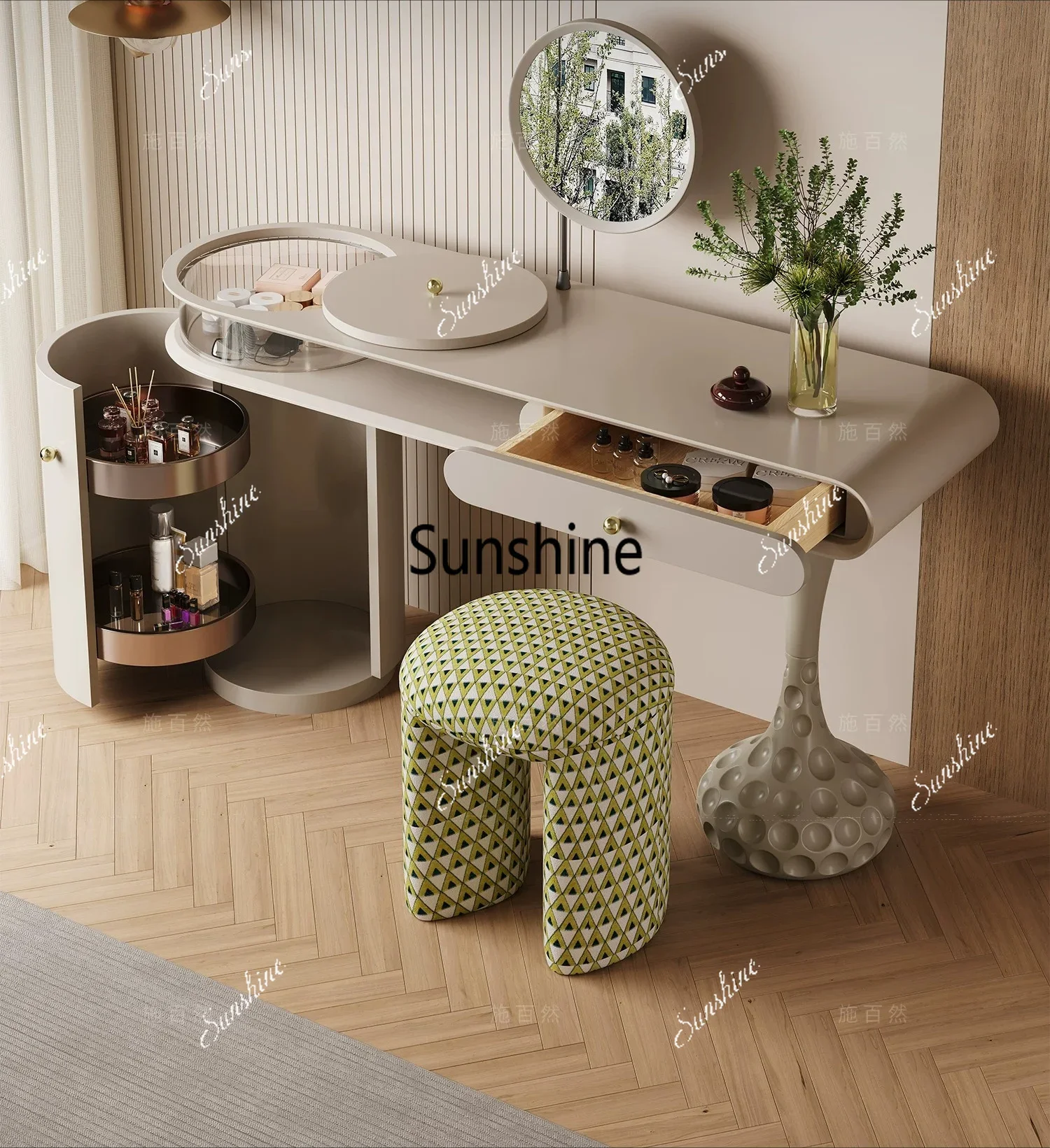Light luxury high-end bedroom, bedside makeup table, storage cabinet, integrated householdT*