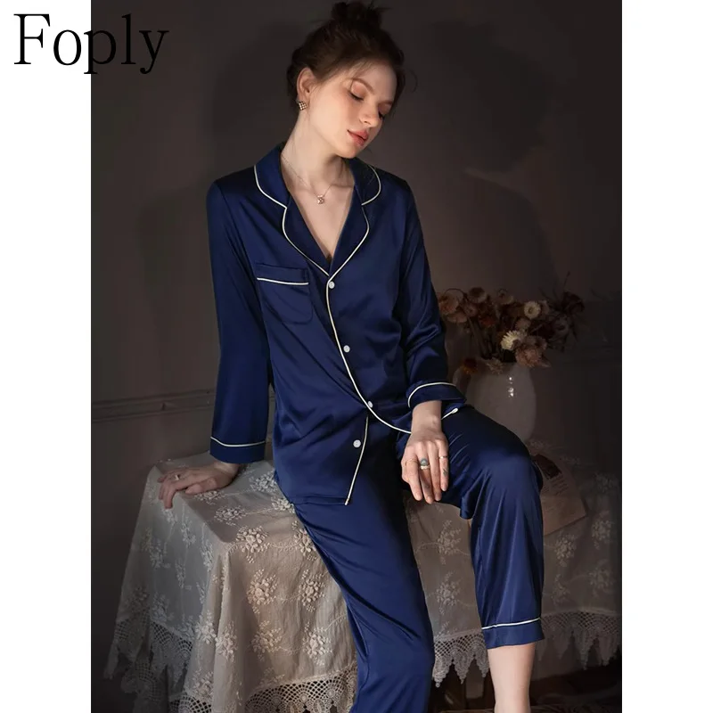 

Ins Style Elegant Women's Pajamas Sets Solid Color Sleepwear Fashion Spring Autumn Faux Silk Satin Housewear Ladies Homewear