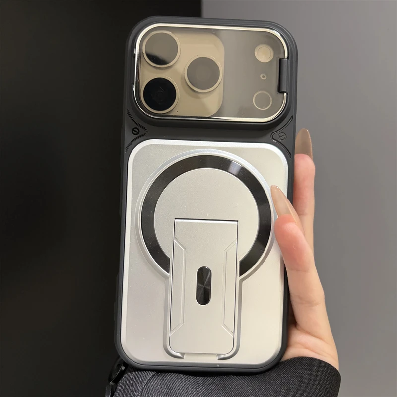 Funda blindada magnética con soporte plegable para iPhone 17 Air 16 15 14 Plus 13 12 11 Pro Max, para Magsafe, con soporte para cámara y protección de lente 4