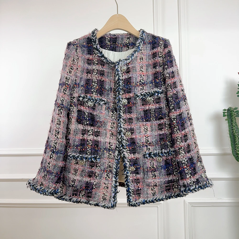 

Small Fragrance Color Plaid Down Liner Warm Autumn Winter Coat High Quality French Lady Elegant Tweed Long Sleeve Coat