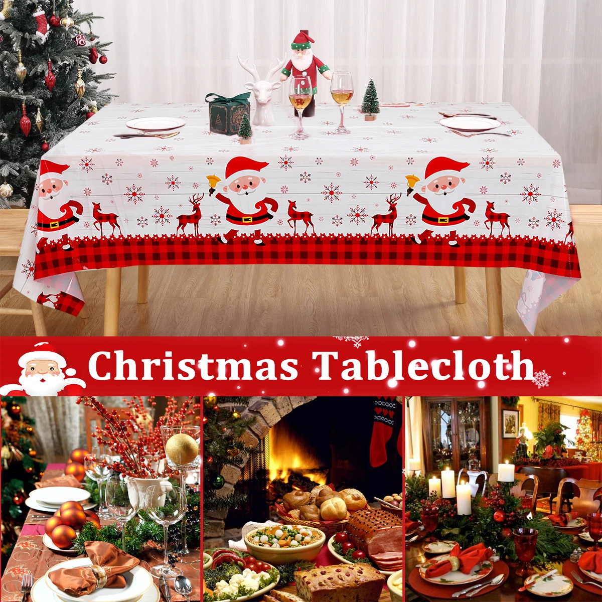 Merry Christmas Santa Claus Elk Rectangle Tablecloth Dining Room TableDecor Waterproof Holiday Party Decor Tablecloth for Home