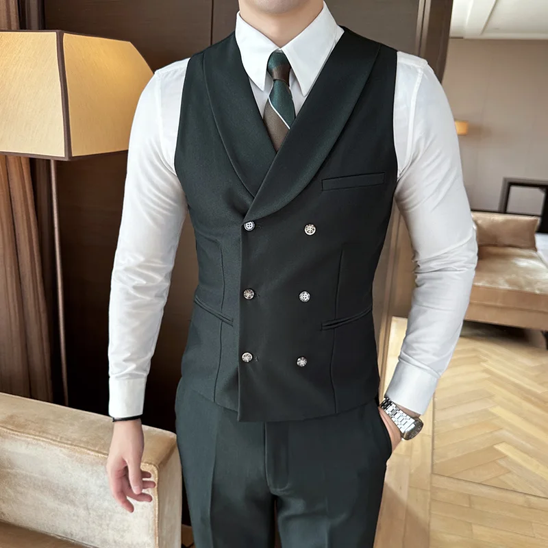 High Quality Double-Breasted Solid Mens Vest Coat Korean Style Business Slim Fit Male Waistcoat Groom Wedding Dress Suit Vests