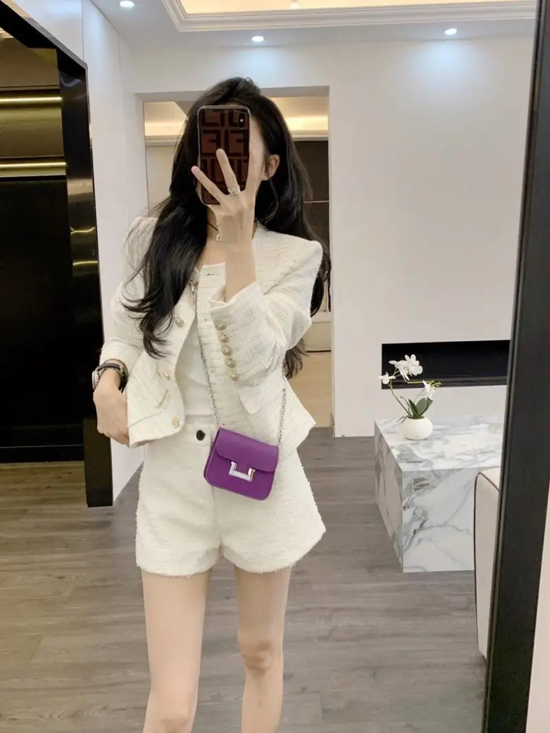 Korean Fashion Temperament Small Fragrant Style Jacket Women's Autumn Fashion Top Shorts Two-piece Set Female Clothing