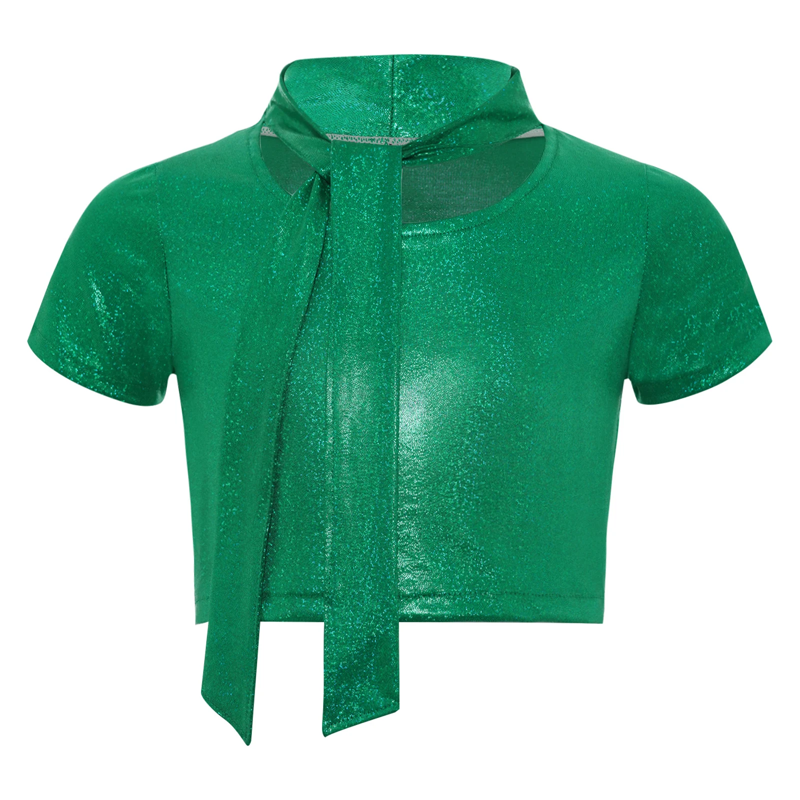 

Kids Girls Shirts Metallic Lace-up Collar Short Sleeves Dance Top for Cheerleading Jazz Hip Hop Dance Performance Streetwear