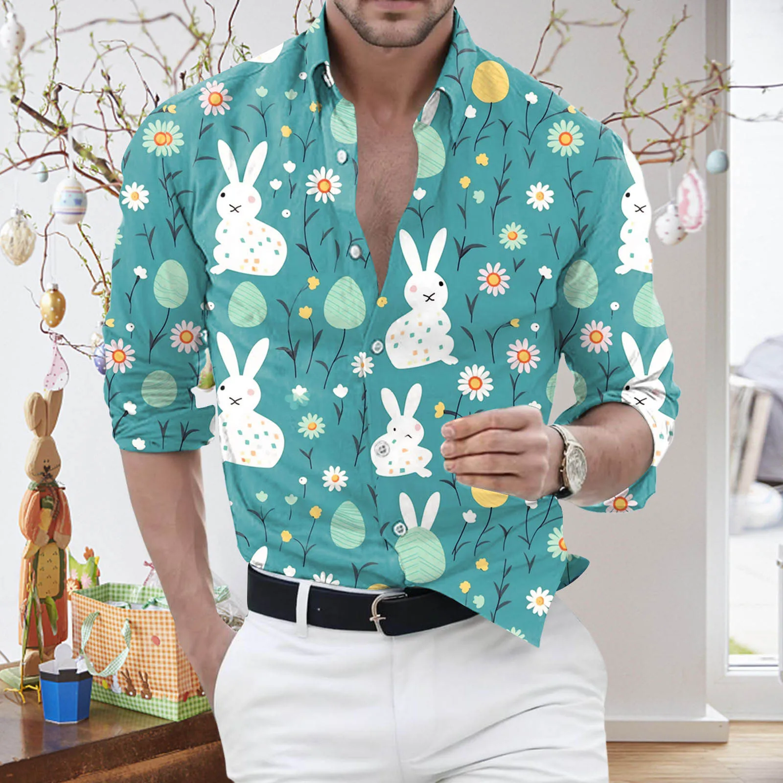 Men Easter Rabbit Printed Shirts Lapel Collar Bunny Graphic Long Sleeved Shirt Casual Male Blouse Top Clothes