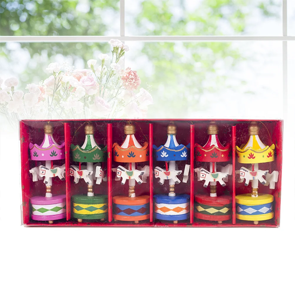 

6Pcs Christmas Wooden Decoration Carousel Style Hanging Ornament for Home Office Desktop Festive Event Decorative Use