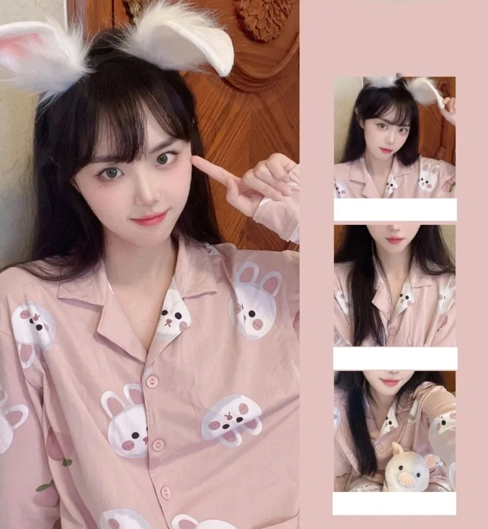 Cartoon Print Korean Kawaii Women Pajama Sets 2024 Spring Autumn New Fashion Sleepwear Classic Casual Plaid Lady Lounge Y2k