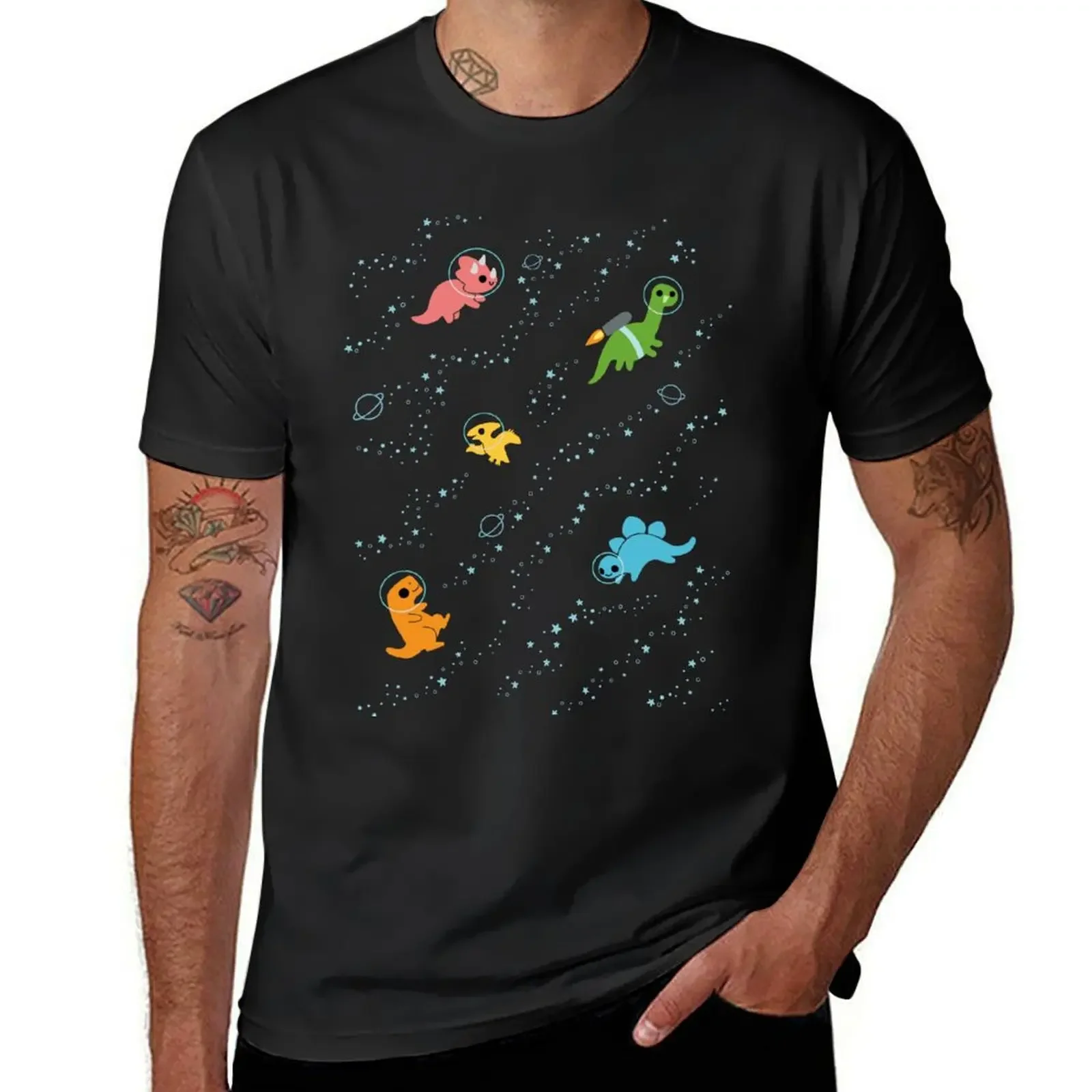 Dinosaurs In Space Pattern T-Shirt blacks vintage t shirts vintage anime shirt customizeds oversized t shirts for men