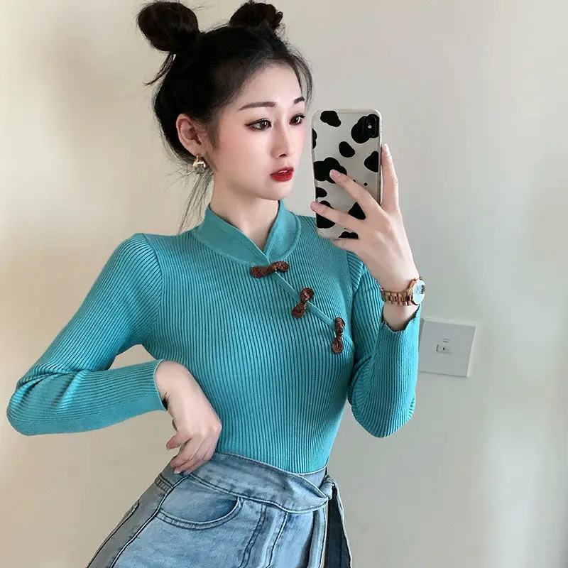 Chinese Style Improved Cheongsam stand-up Collar Button Knit women's Spring And Autumn New Slim Bottom Top Women