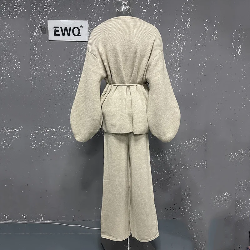 [EWQ] Fashion V-neck Long Sleeve Lace Up Sweater And High Waist Trousers Casual Women Knit Set Clothing 2025 Autumn New 16O1719