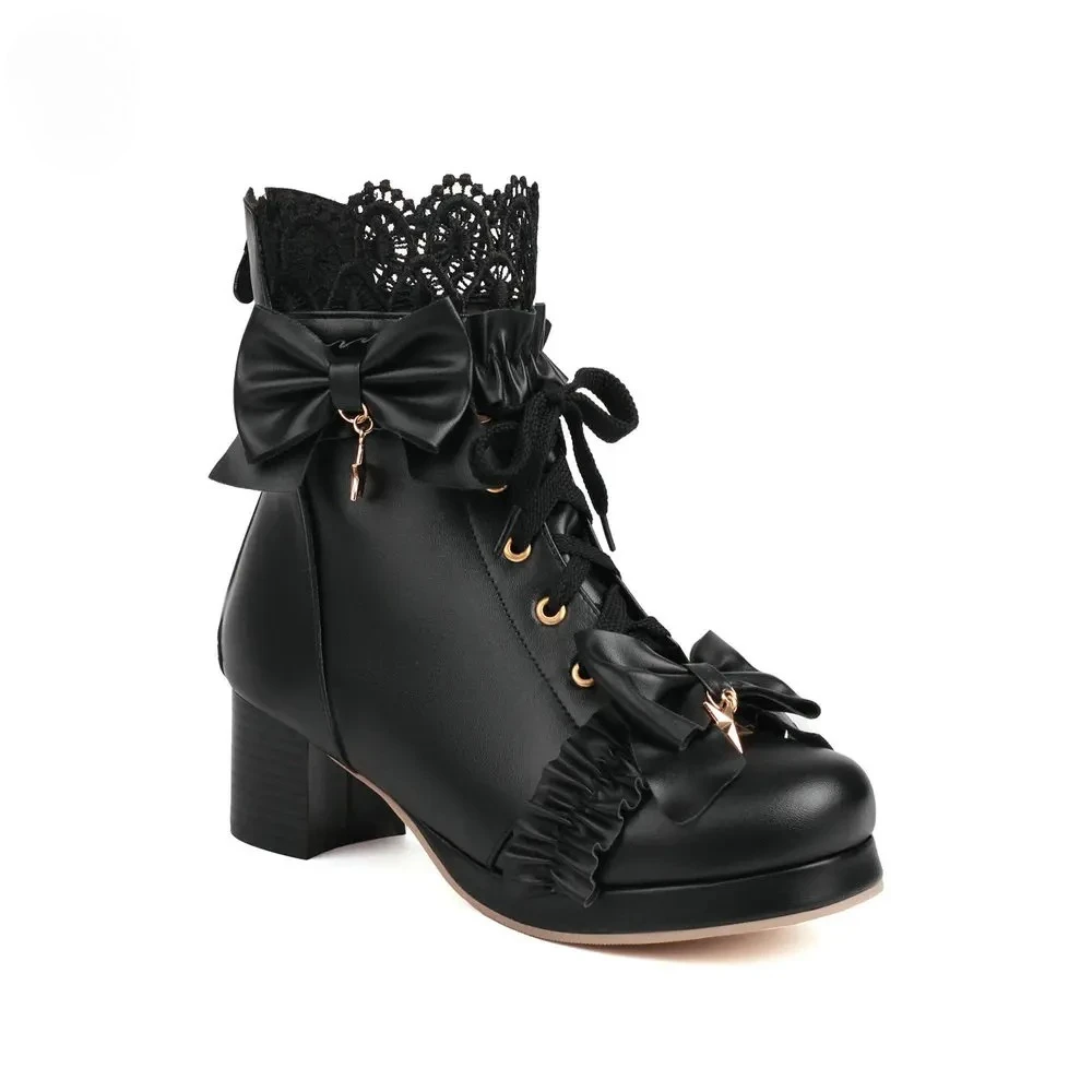 Women Platform Boots Lace Up Back Zipper Chunky Heel Ankle Booties Bow Cosplay Spring Autumn Shoes Five Pointed Star Pendant