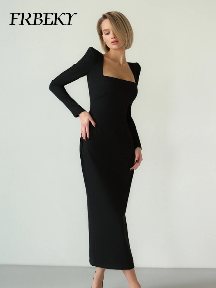 

2023 Autumn Winter Elegant Long Dress Square Neck French Temperament Little Black Dress Slim Hip Dresses Sexy Bodycon Dresses