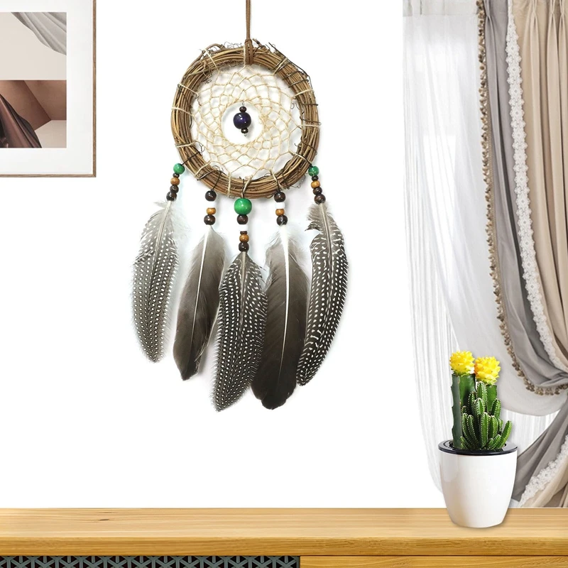 V‌intage Bohemian Rattan weaving Dream Catcher Feathers Wind Chimes Handmade Wall Hanging Ornaments Home Decor Girls Gifts