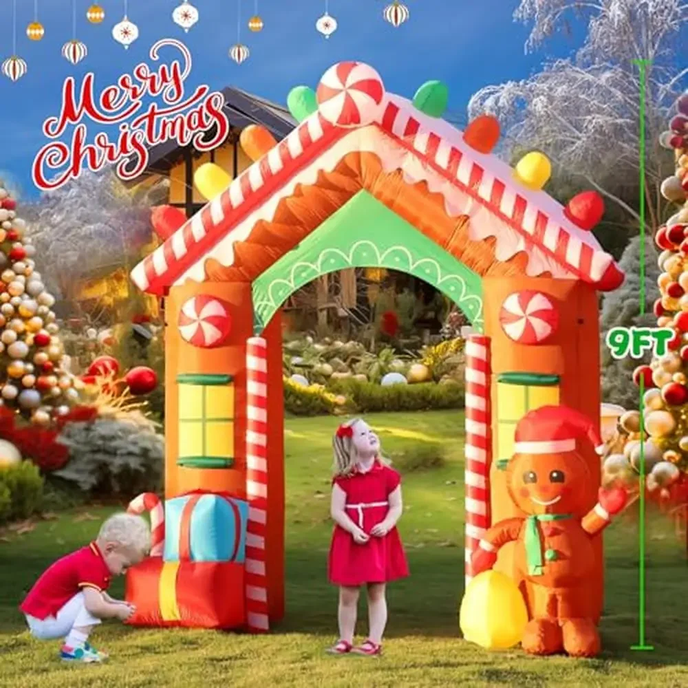 9ft Christmas Inflatable Archway Outdoor Decor Gingerbread House Candy Gift Box Blow Up Yard Decoration Festive Atmosphere