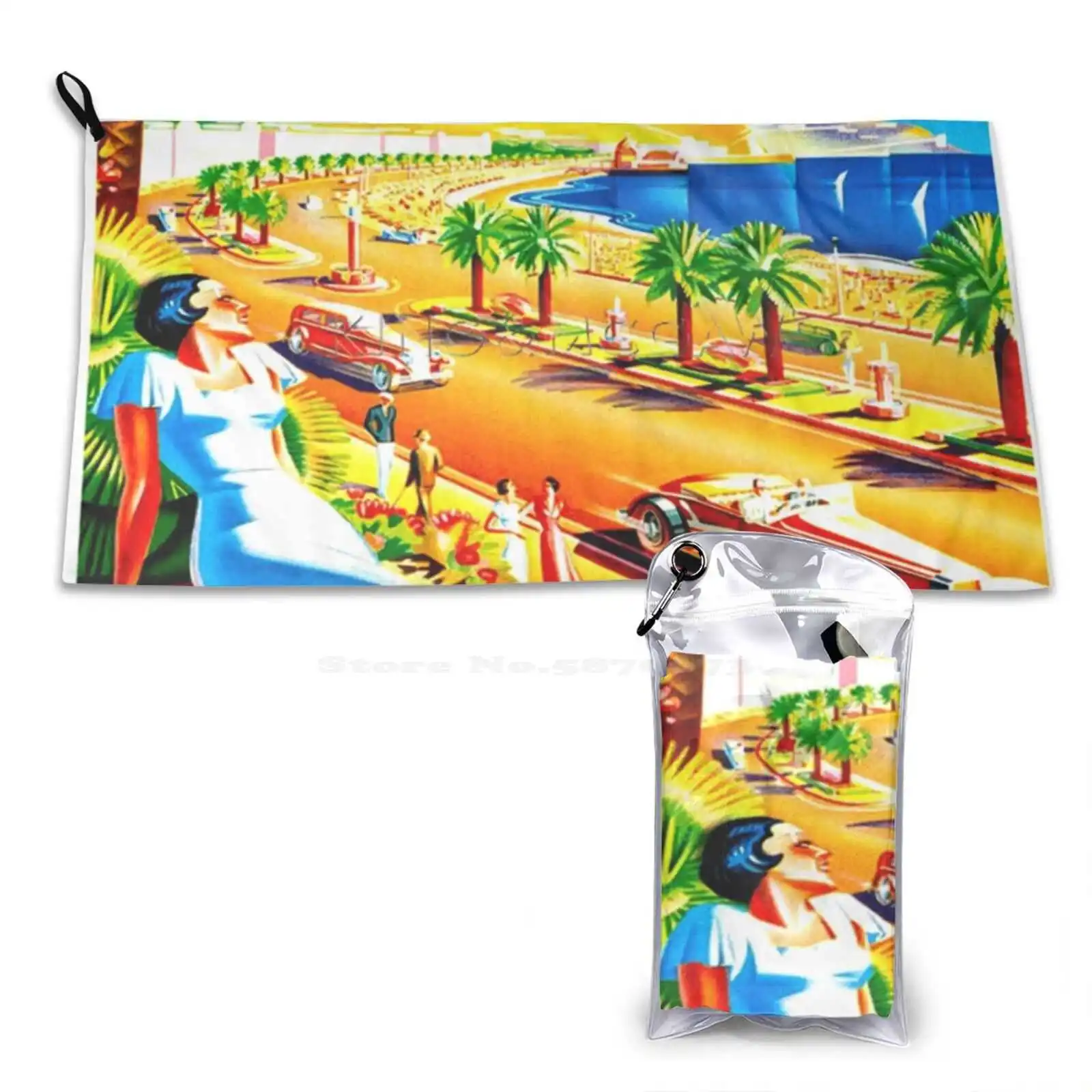 Nice : Vintage French Riviera Travel Advertising Print 3D Print Pattern Soft Towel Nice France French Riviera Boulavard Palm