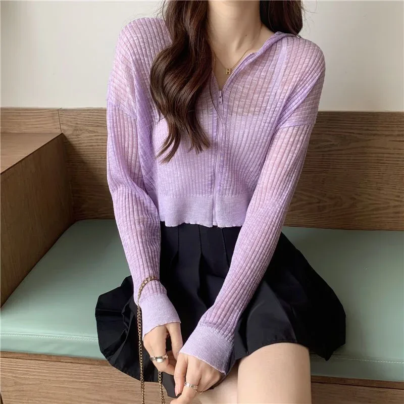 Lucyever Candy-Color Sun Protection Knit Cardigan Women Summer Thin Transparent Zipper Hooded Shirts Woman Outerwear Crop Tops