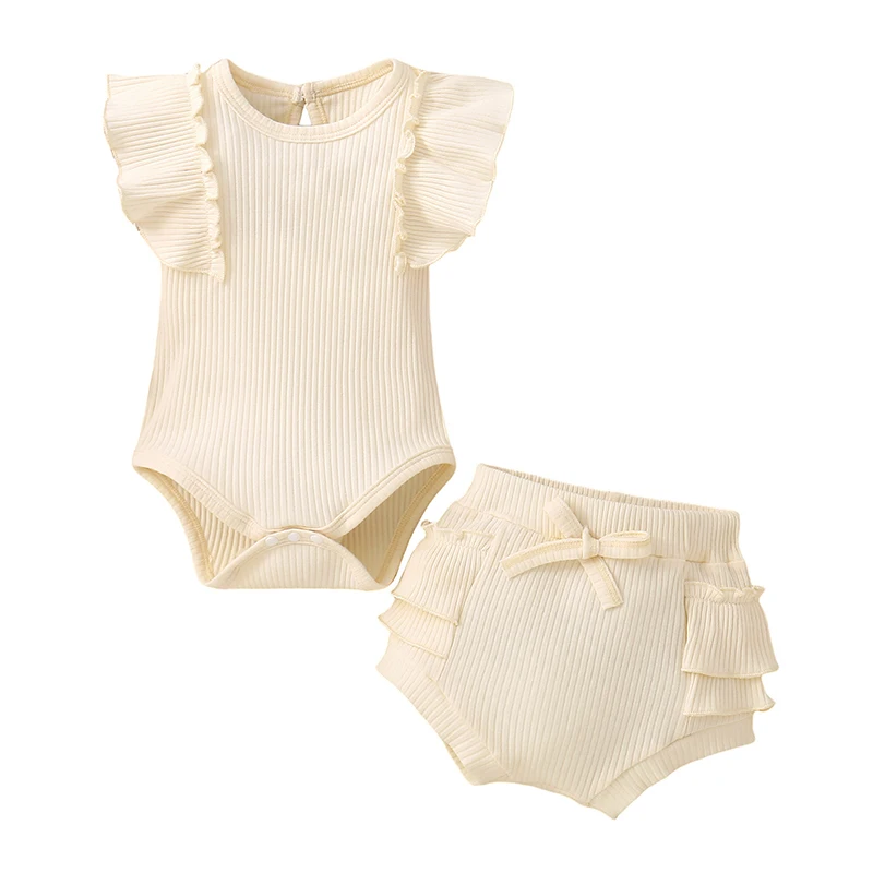 

0-24M Newborn Baby Girl 2 Piece Outfit Casual Solid Color Ribbed Rompers and Elastic Ruffles Shorts Summer Jumpsuit Set