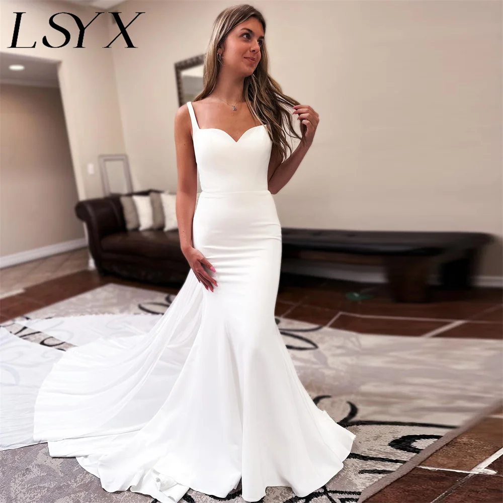 

LSYX Sweetheart Sleeveless Crepe Mermaid Wedding Dress 2023 Simple Spaghetti Strap Court Train Open Back Bridal Gown Custom Made