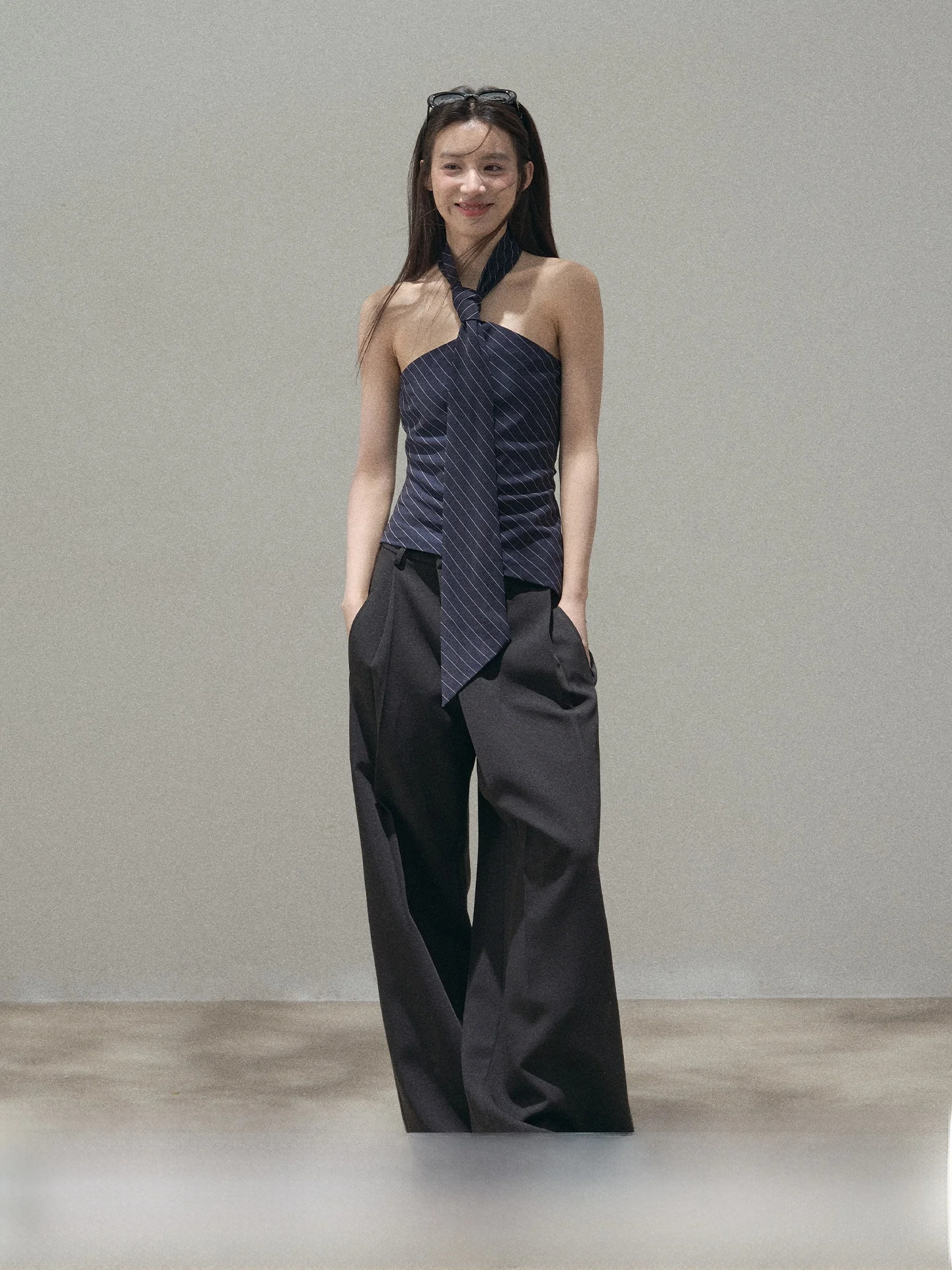 

ANNA CUTE Grey Wide Leg Pants Slant Button Front Pleated Suit Drapey Commute Casual Trousers High Waist Straight Cut