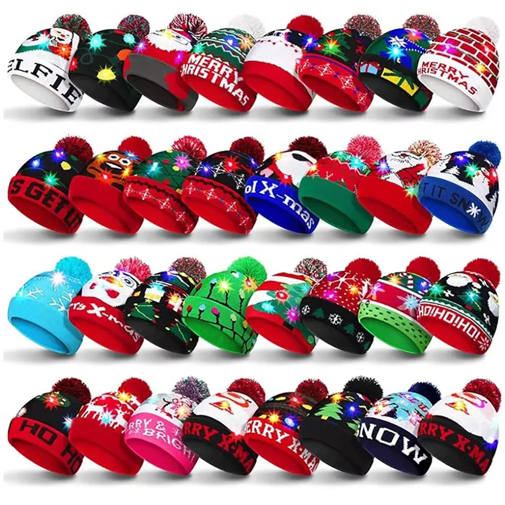 1/2/5/10/20 Pcs Christmas Hat Xmas LED Light Up Beanie Knit Hats Winter Snow Hats Cap Christmas Party Favors for Adults and Kids