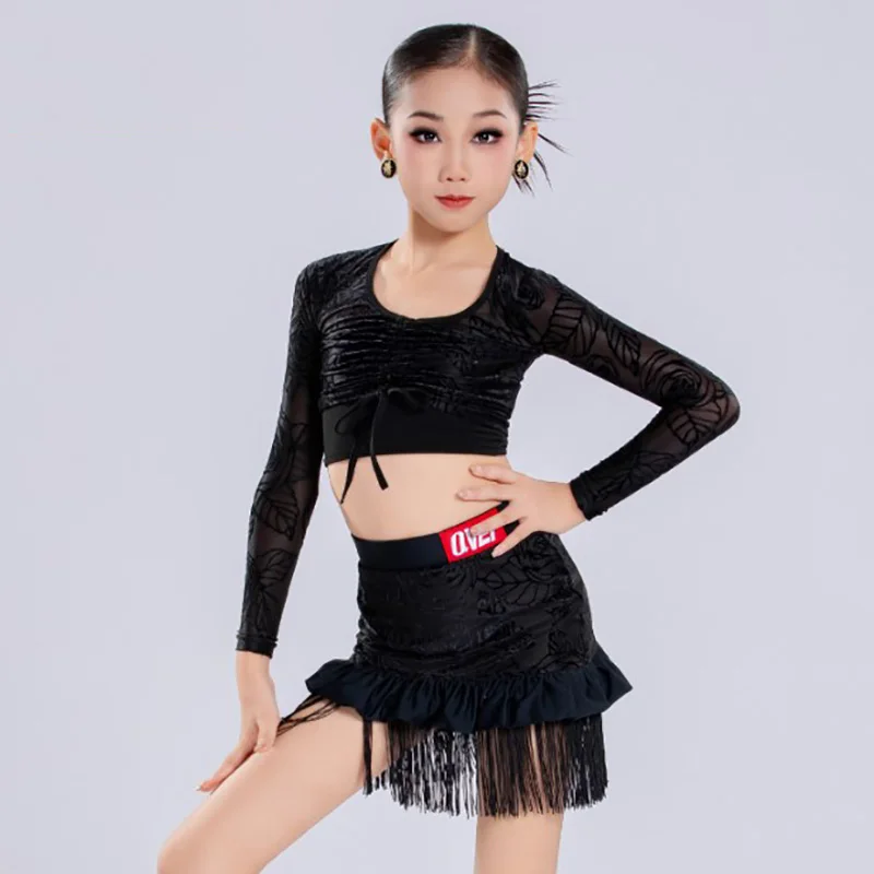 ชุดเต้นลาตินสำหรับเด็กผู้หญิง เสื้อพิมพ์ลายผูกเชือกและกระโปรงพู่สำหรับฝึกซ้อม ชุดเต้นรำบอลรูม รุมบ้าสำหรับเด็ก