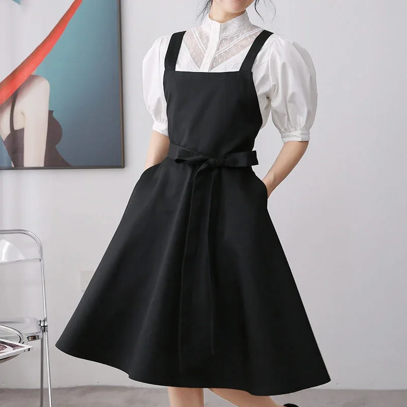 Women Cotton Cross Back Apron With Pockets Gardening Work Pinafore Dress Kitchen Cooking Bib Painting Nail Florist Salon Smock