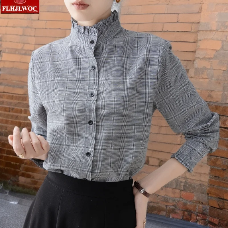 Volants col montant rétro Vintage hauts Blouses femme automne printemps Chic filles mignonnes à manches longues élégant bases gris chemises à carreaux