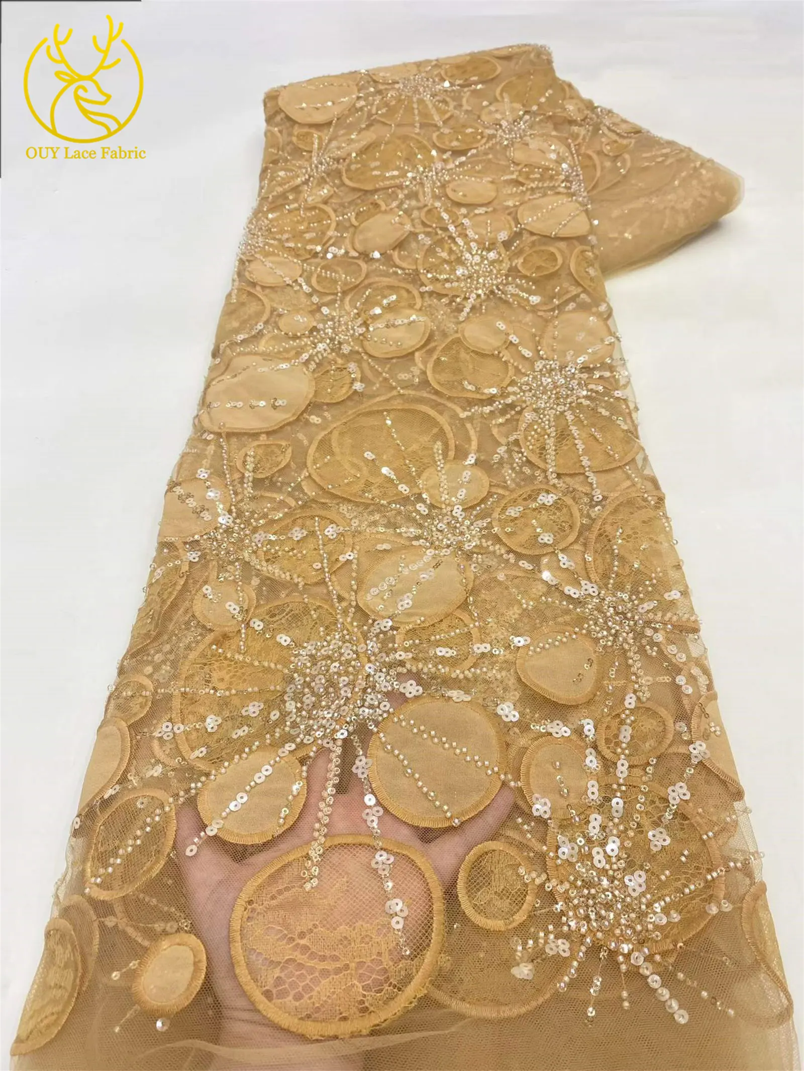 Luxuriöser afrikanischer Spitzenstoff mit Pailletten-Stickerei, gelb, 5 Yards, französischer nigerianischer Tüll-Spitzenstoff für Damen-Partykleider zum Nähen – Detail 22
