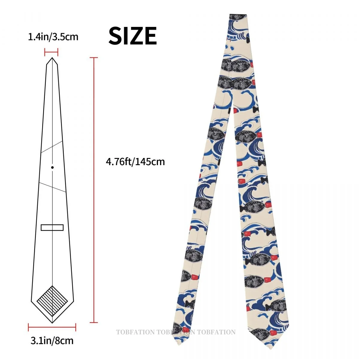 Japanese Great Ocean Wave Fish Soy Sauce Pattern Japanese Wave Classic Men's Printed Polyester 8cm Width Necktie Party Accessory