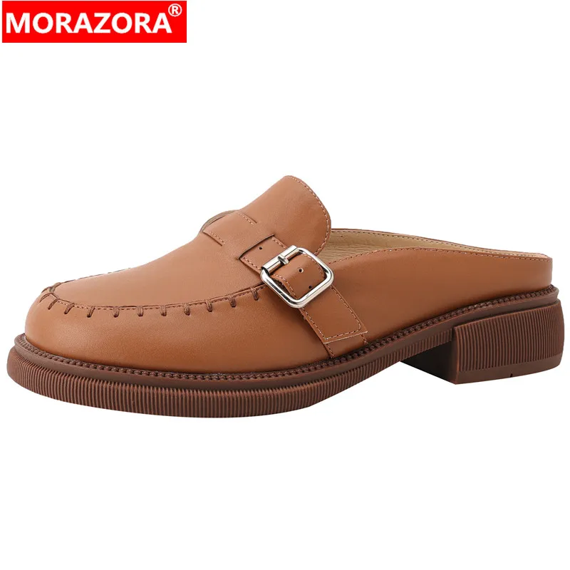 

MORAZORA 2024 New Sheepskin Mules Women Slippers Fashion Ladies Summer Shoes British Style Square Med Heels Slippers