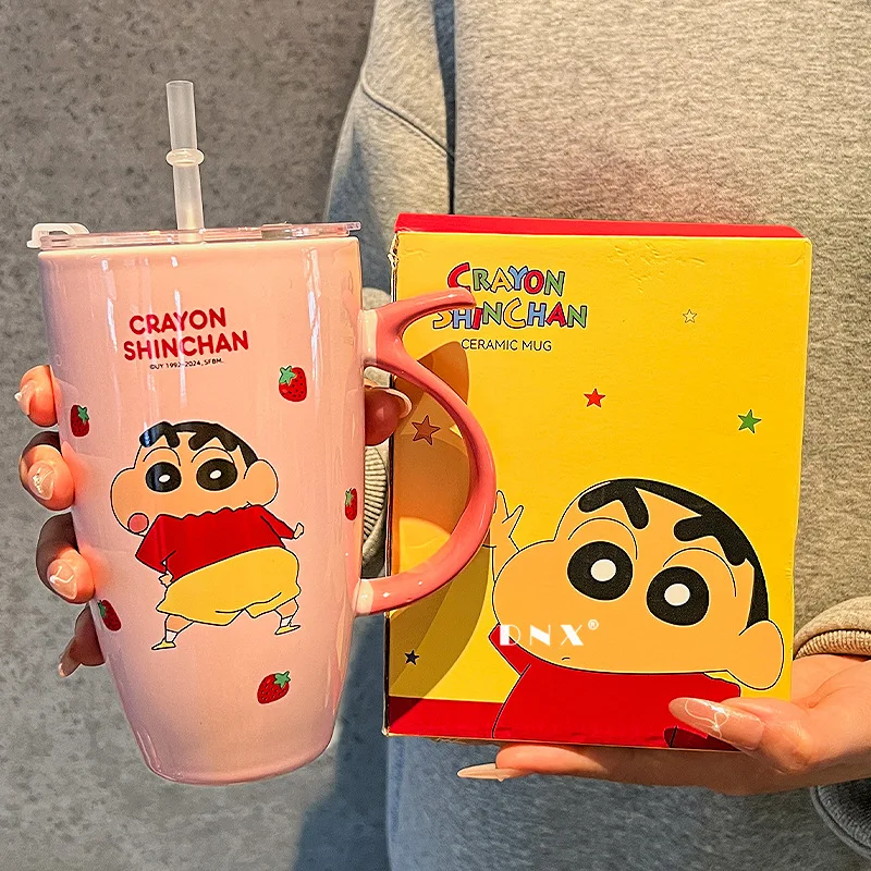 Crayon Shin-chan Cute Cartoon 580ML High-Capacity Straw Water Cup Kawaii Ceramics Big Belly Cup Lovely Periphery Holiday Gifts