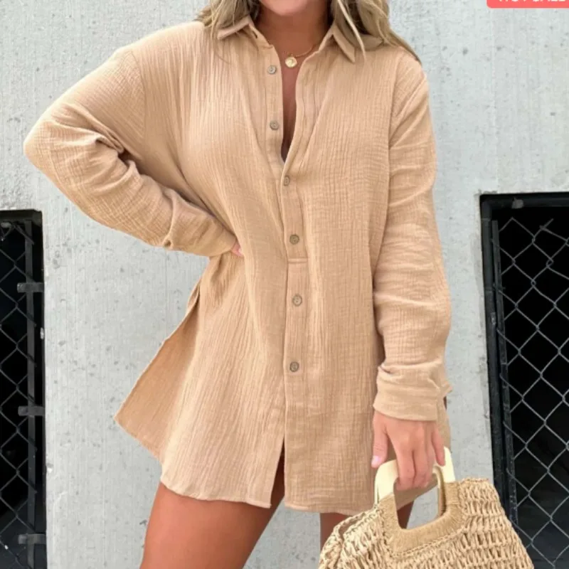 Cotton Long Sleeves Shirts Shorts Women Two Sets Solid Shirt Office Lady Chic Jacket Breathable Sunscreen Vintage Suits Blouse