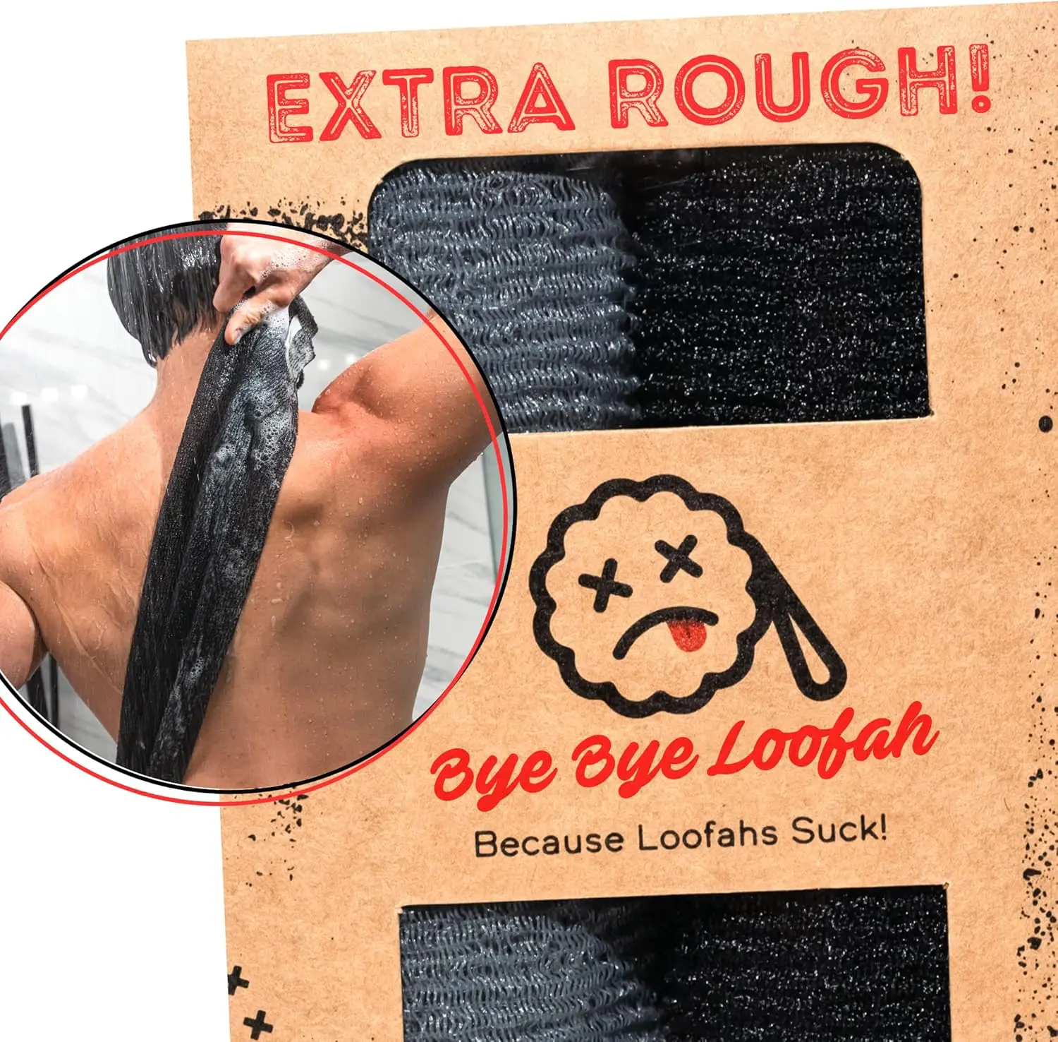 

Extra Rough Exfoliating Washcloth - Extreme Body & Back Scrubber for Shower, Extra Long, Hygienic Exfoliator, 2 Pack (Black & Grey)
