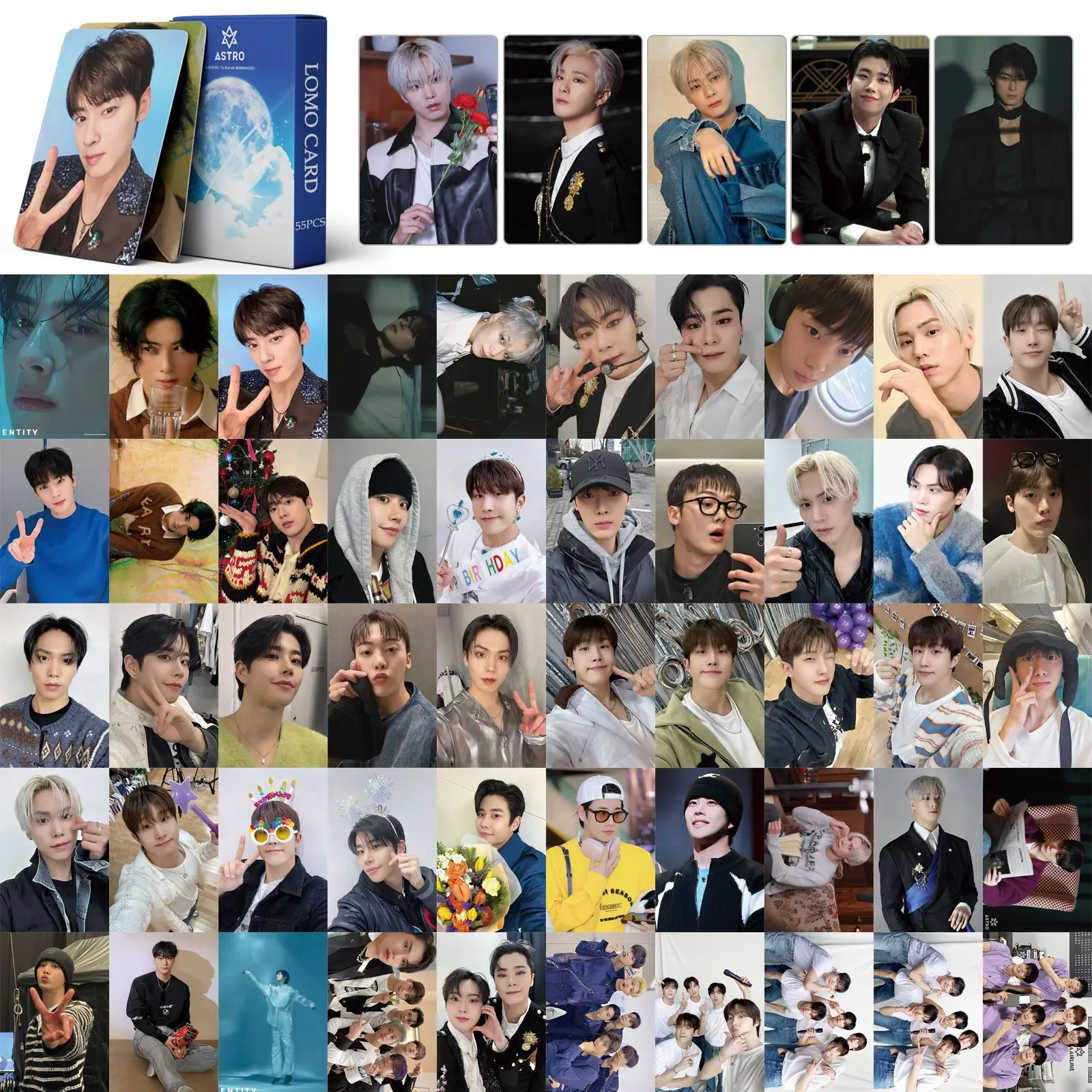 55pcs KPOP ASTRO 8th Anniversary Photocards EUNWOO MOONBIN Fans Collection Gifts Rocky JINJIN Peripheral Double-sided LOMO Cards