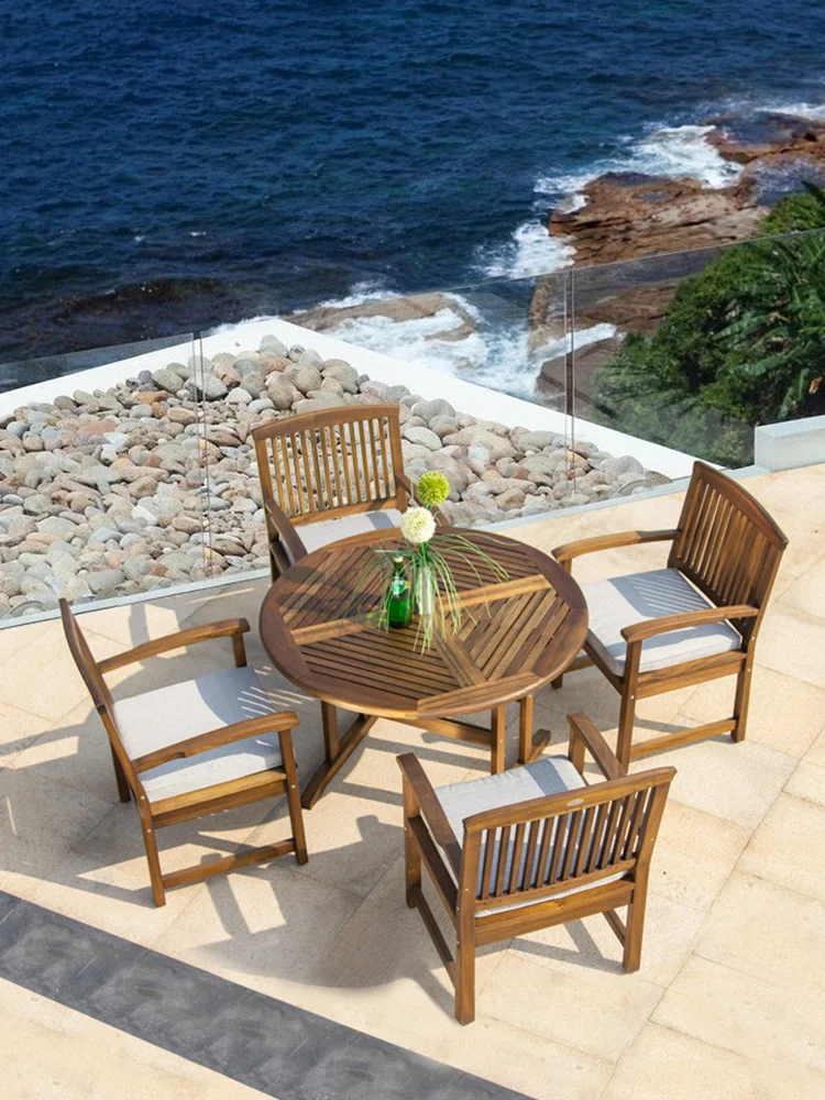 

Solid wood table and chair combination outdoor teak leisure table and chair five piece set Chinese terrace garden tea table
