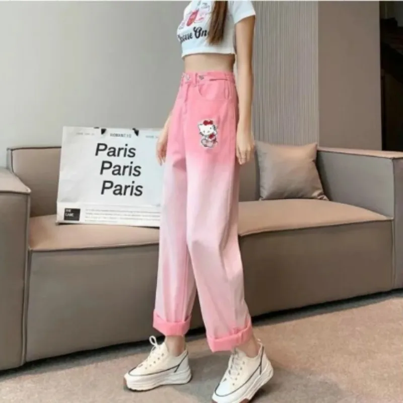 Sanrio New Original Kawaii Women Clothing Y2K Pants Hello Kitty Pink Gradient Jeans Streetwear Sweatpants Women Kpop Women Pants