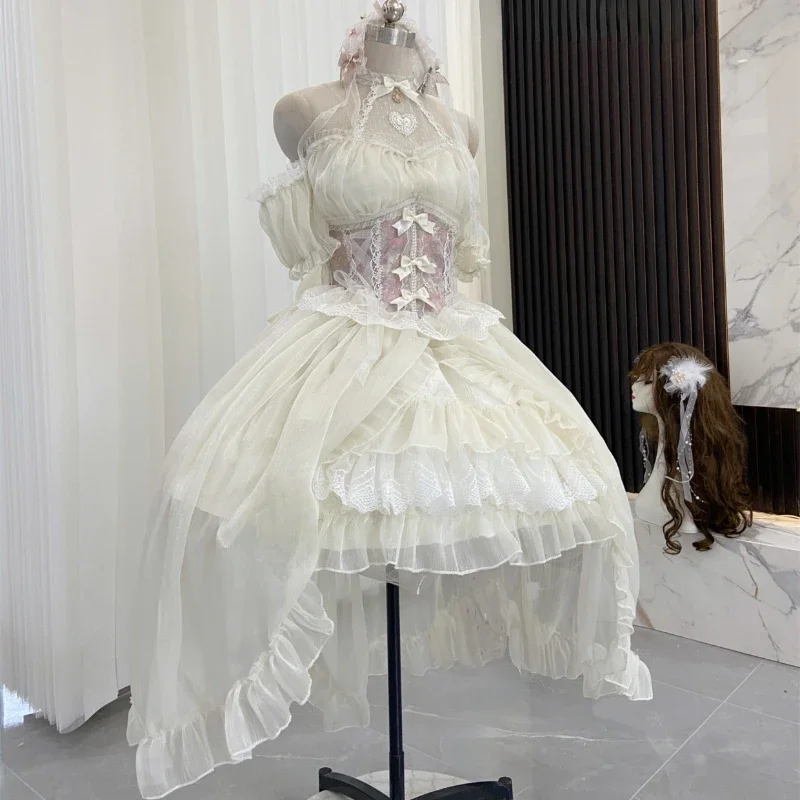 Gaun Lolita Victoria antik gaun Cosplay Kawaii renda bunga gaun Trailing wanita gaya Jepang elegan gaun pesta pernikahan