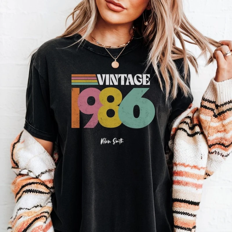 Camiseta unisex vintage de 1986, regalos personalizados para mujer, 40 cumpleaños, para mamá, para ella, estilo informal, camiseta estampada que combina con todo