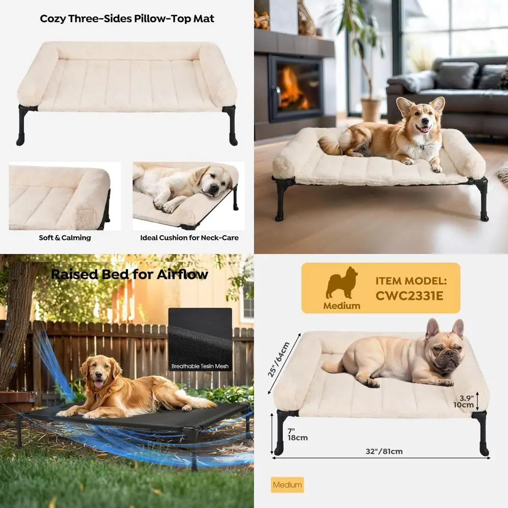 

Elevated Orthopedic Dog Bed with Plush Bolster, Removable Washable Mat, Non-Slip Base, 32x25 inches, Cream White