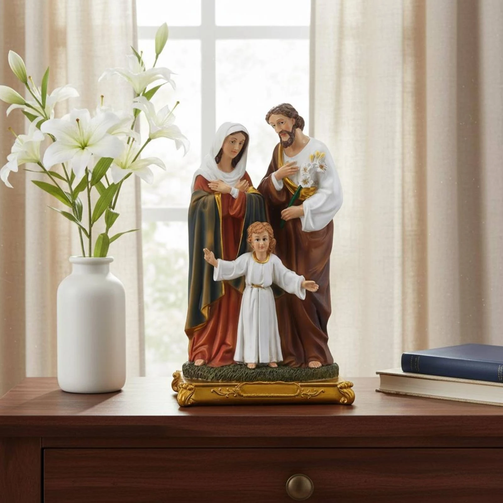Holy Family Statue Resin Ornament Muted Tones Religious Home Figurine Classical Style Decor for Christian Living Space