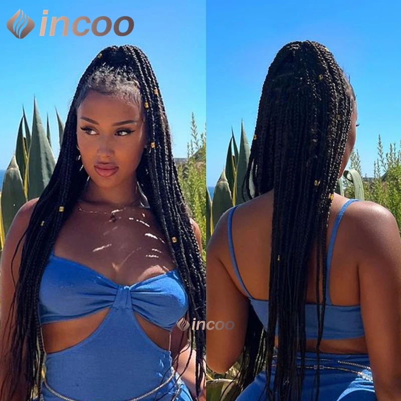 36 بوصة Cronrows صندوق جديلة الباروكات للنساء السود Knotless الأسود الاصطناعية كامل الدانتيل الباروكات أنيق شعر مستعار مضفر الأفريقي للاستخدام اليومي